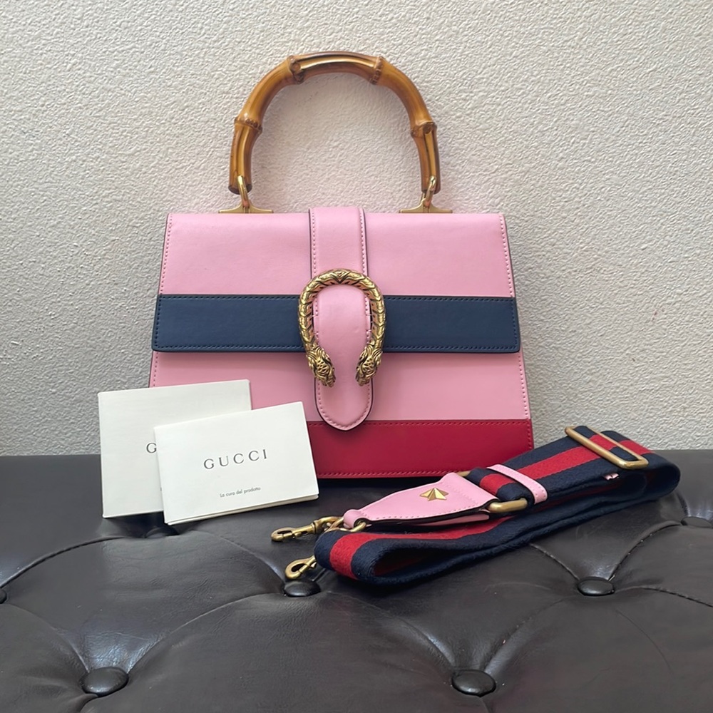 Gucci Calfskin Bamboo Web Medium Dionysus Top Handle Bag Sugar Pink Blue Agata H